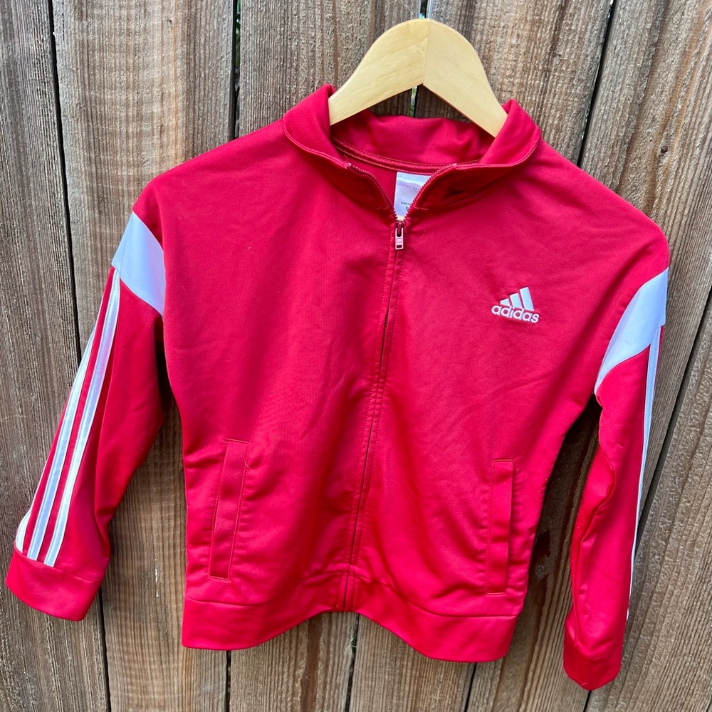Kids Adidas Zip front iconic tricot jacket. Red. Size small (8)